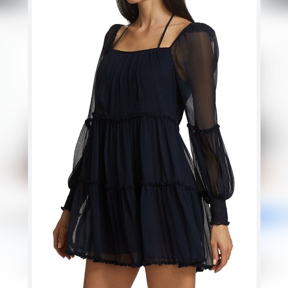 Cinq A Sept Zinia Tiered Crepon Halterneck Mini Dress in Navy Blue Size 8